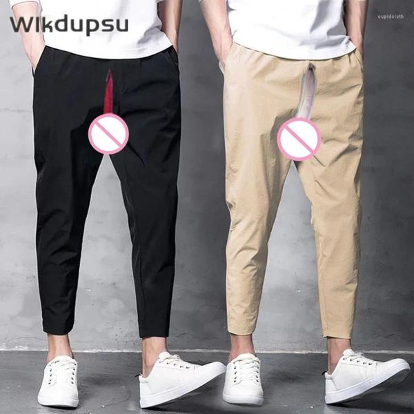 Pantaloni da uomo Sexy invisibili doppie cerniere con apertura sul cavallo Pantaloni cargo Jogging elastico Harajuku Abbigliamento coreano Streetwear