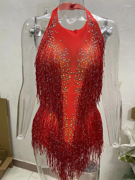 Stage Wear Sparkly Rhine Stones Franjas Bodysuit Mulheres Nightclub Outfit Glisten Dance Costume Singer Trajes de Desempenho de Alta Qualidade