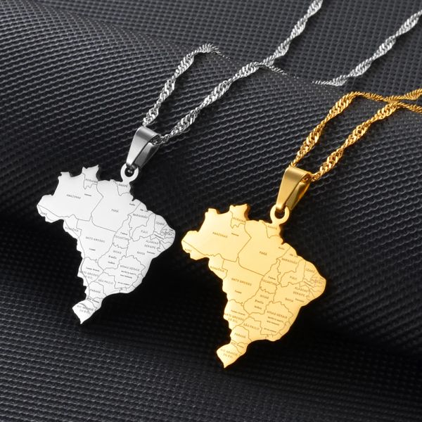Карта Бразилии с названием города, ожерелья с подвесками из желтого золота 14 карат, ювелирные изделия с картами Бразилии