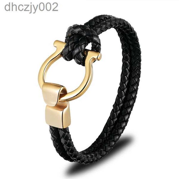 Männer Schmuck Punk Schwarz Geflochtenes Echtes Leder Armband Edelstahl Anker Schnalle Mode Armreifen Geschenk QUPC