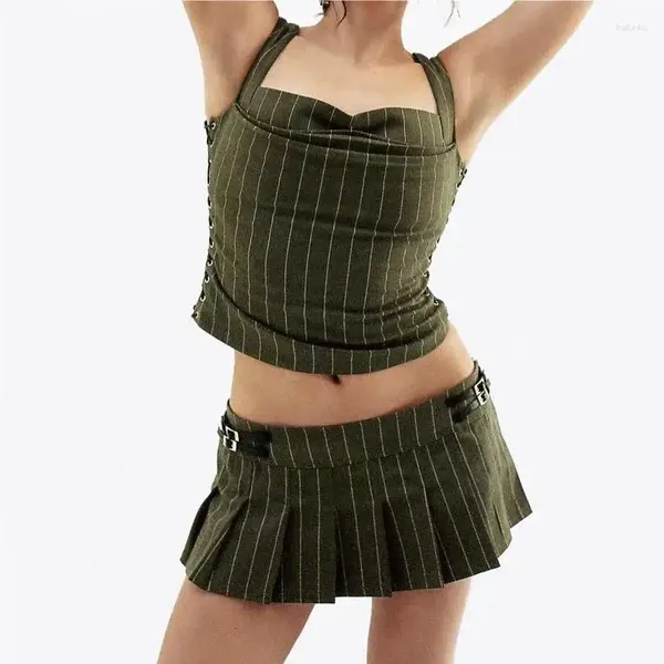 Saias 2024 verão mini saia y2k roupas vintage coreano moda verde listrado para mulheres elegante plissado micro com cinto
