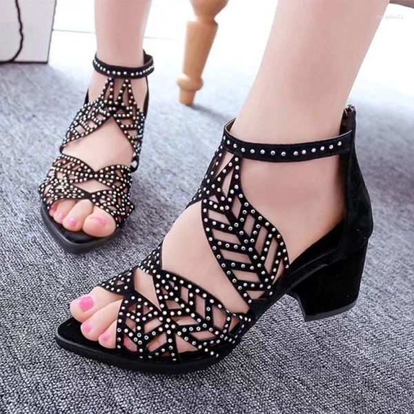 Kleidschuhe Sommer Damen Sandalen Ausschnitt Strass Fischmaul Zurück Reißverschluss Blockabsatz Hohe römische Sapatos de Mujer