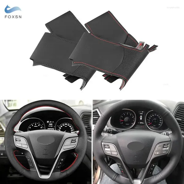 Capas de volante perfuradas capa de couro guarnição costurada à mão para Hyundai Santa Fe 2013 2014 2024 Ix45 2013-2024