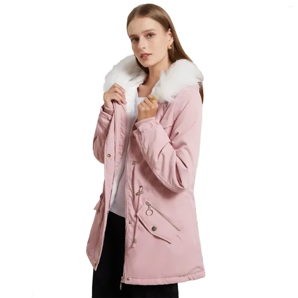 Женская пуховая куртка европейского размера розового, черного цвета с меховой шапкой, толстая теплая модная зимняя куртка на молнии для 2024 года, пальто-бомбер, парка большого размера с подкладкой