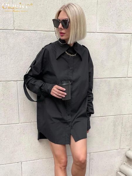 Abiti casual Clacive Moda Sciolto Nero Donna 2024 Elegante bavero Manica lunga Monopetto Asimmetria Mini abito Camicia Streetwear