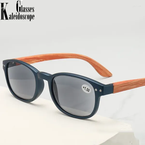 Sonnenbrille HD Sun Lesebrille für Männer Frauen Anti Blaues Licht Presbyopie Quadratische Holzmaserung Beine Hyperopie Brillen 1,5 2,0