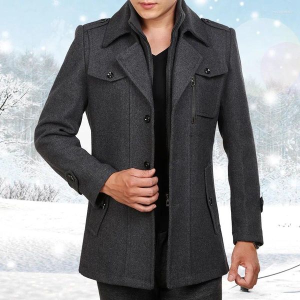 Giacche da uomo 2024 Cappotto invernale in lana da uomo Moda doppio colletto Giacca spessa monopetto Trench misto casual Cappotti