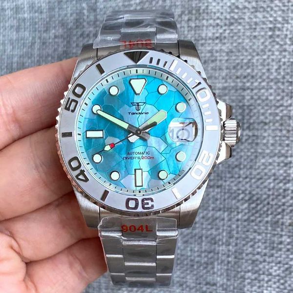 Andere Uhren 40 mm Diver Tandorio MOP Eisblaues Zifferblatt NH35 mechanische Uhr Herren weiß Medaillenring Jubiläumsarmband geschlossene Schleife 38 mm Einsatz J240131