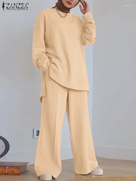Roupas étnicas outono sweatshirts blusa de manga longa zanzea moda feminina conjuntos de correspondência irregular topos calças sólidas terno roupas elegantes