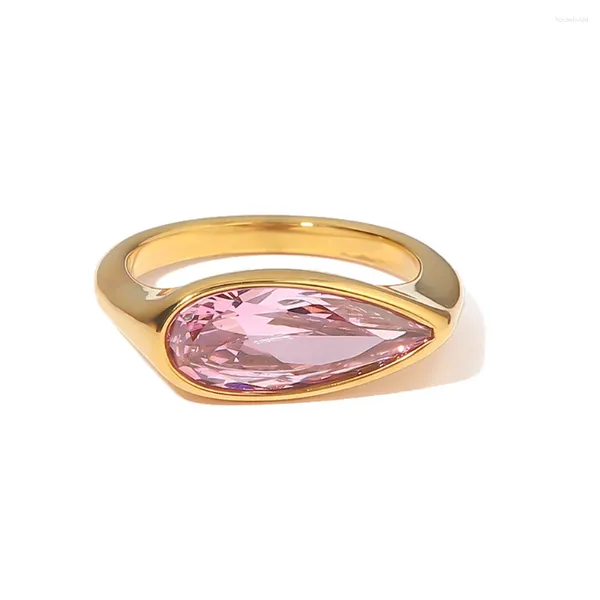 Anéis de cluster rosa zircão anel para mulheres de aço inoxidável waterdrop cz pedra casal dedo noivado dia dos namorados gif