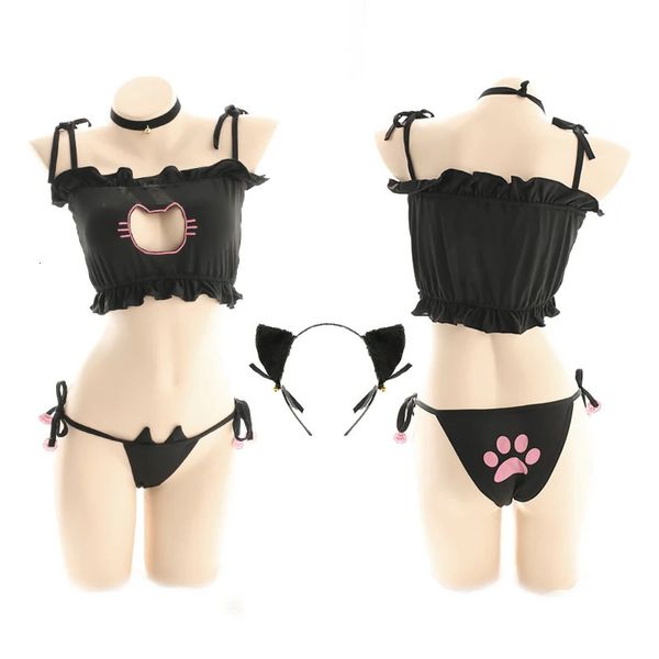 Sırtsız Hollow Out Güzel Neko Cosplay Kostüm Sevimli Lolita Kedi Yakalama Delmiş Sutu Set Sözelerinde Seksi İç Çamaşırı Pijama Seti 240124