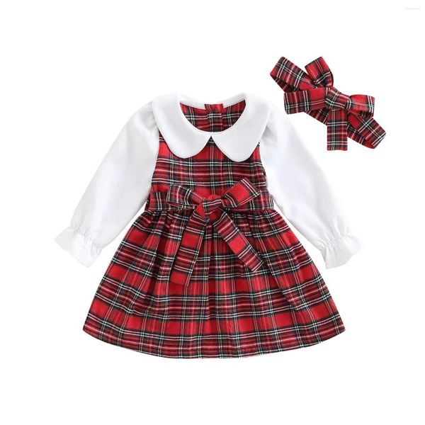 Vestidos de menina infantil bebê meninas moda vestido boneca gola manga longa retalhos xadrez cinto com faixa de cabeça 6m-5t