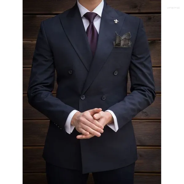 Abiti da uomo STEVDITG Bellissimo blu navy doppio petto piatto con visiera risvolto formale da ballo di fine anno blazer 2 pezzi giacca pantaloni