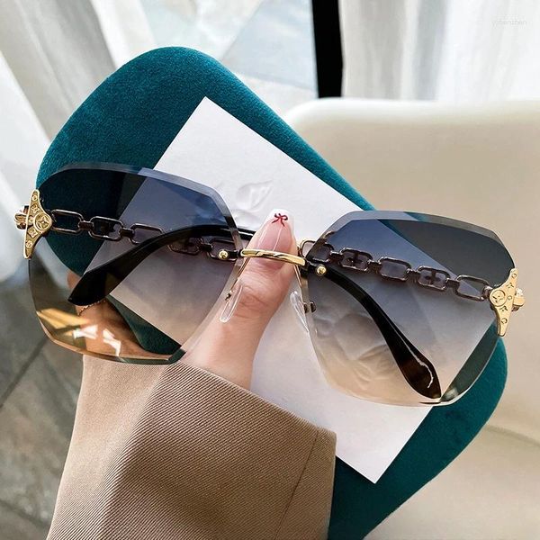 Sonnenbrille 2024 Luxus Designer Randlose Übergroße Frauen Männer Mode Vintage Quadrat Gradienten Kette Bein Sonnenbrille Shades UV400