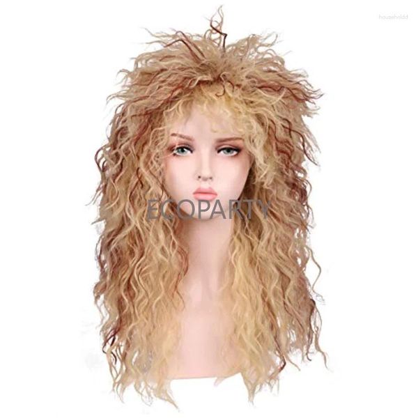 Fontes de festa estilo masculino e feminino 80s metal rock punk longo cabelo encaracolado halloween cos peruca disponível loira com ouro marrom cosplay