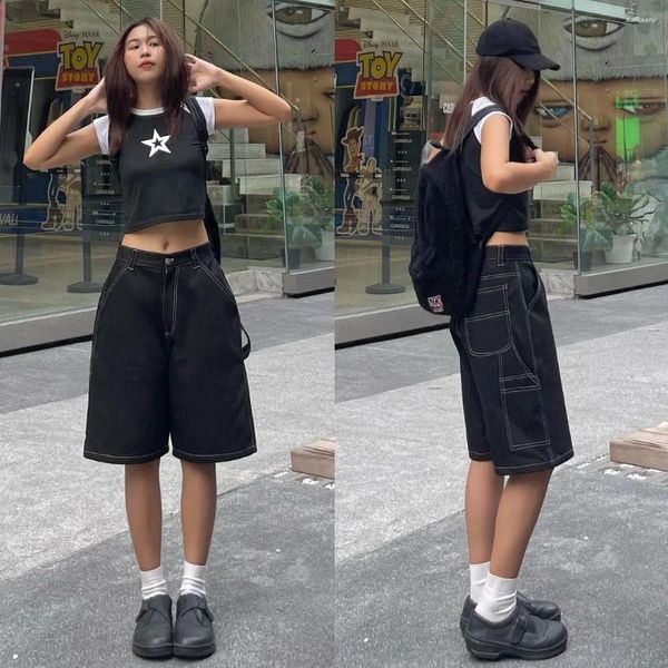 Calças femininas estilo coreano vintage y2k hip hop denim shorts solto praia verão moda casual punk rock ginásio masculino sweatpants mulheres