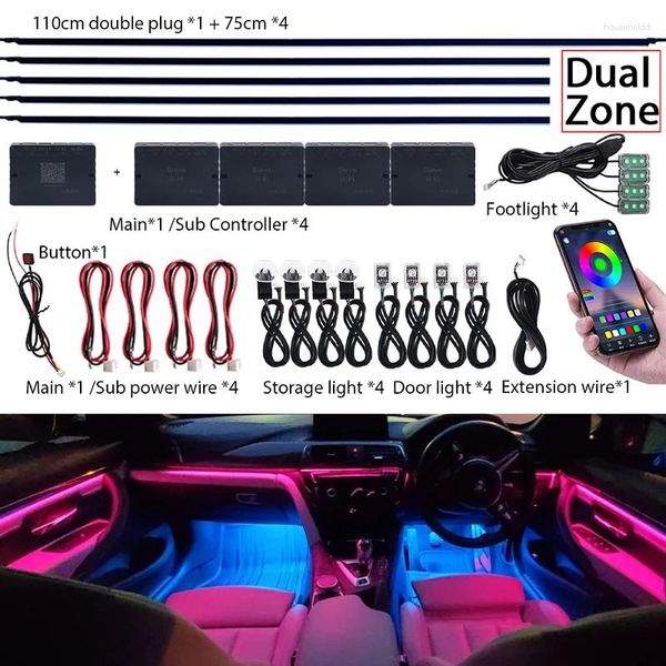 Innenzubehör 18-in-1 Dual Zone Symphony LED-Auto-Umgebungslichter RGB 64 Farben Regenbogen-Acrylstreifen-Neon-Atmosphären-Beleuchtungsset App