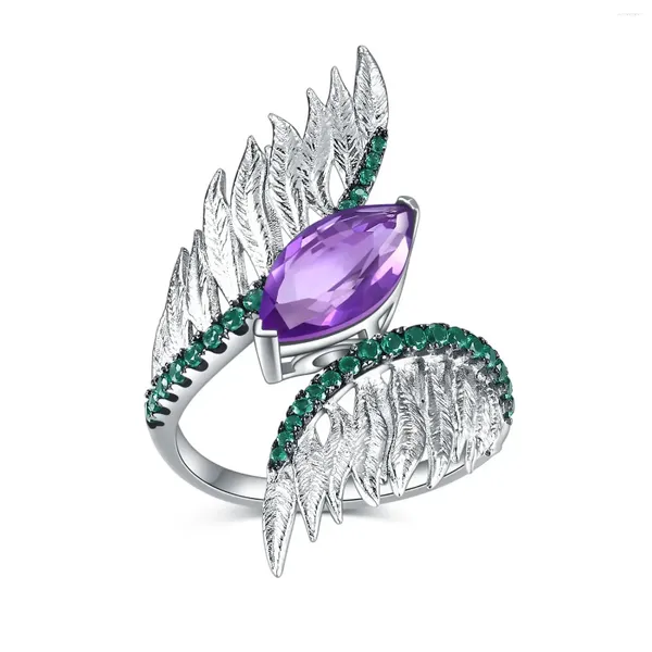 Anéis de cluster Designer Vintage Angel Wing Ring com estilo italiano 925 prata incrustada natural pedra preciosa ametista