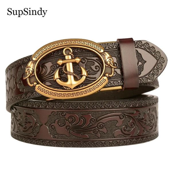 SupSindy Cintura da uomo in vera pelle Luxury Gold Navy Fibbia automatica in metallo Cinture in pelle di vacchetta per uomo Jeans Cintura cinturino maschile Nero 240119