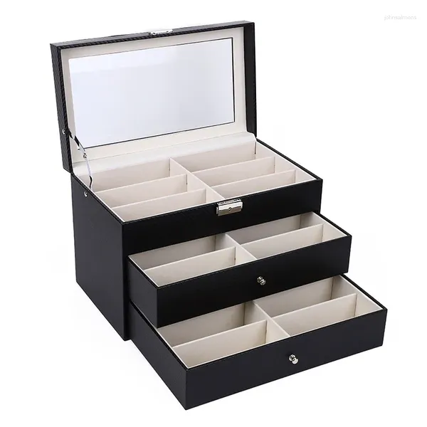 Schmuckbeutel, 3-lagige Sonnenbrillen-Organizer-Box, Aufbewahrung, Schwarz, 18 Fächer, PU-Leder, Brillenetui, Brillen-Display, Geschenk