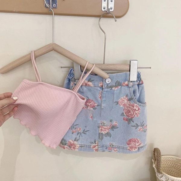 Conjuntos de roupas meninas roupa verão crianças casuais para coreano rosa suspender denim saia floral crianças bebê menina