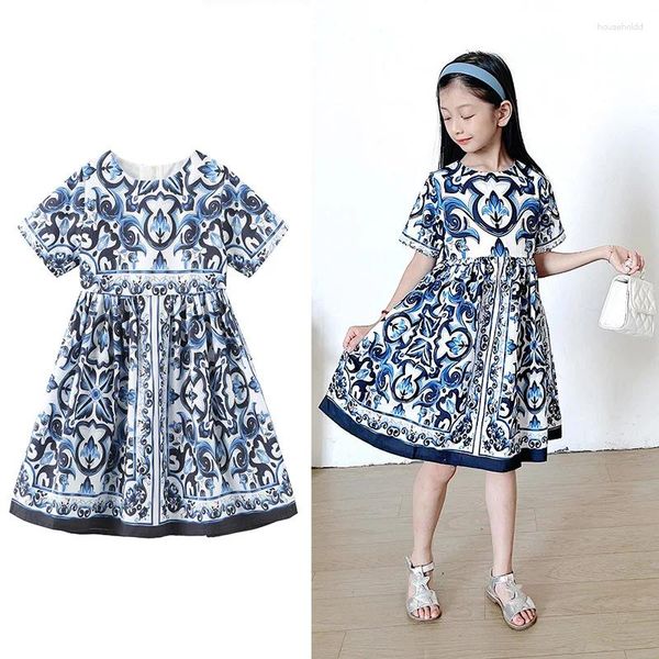 Vestidos da menina 2024 saias infantis primavera e verão meninas dos desenhos animados retrato impressão vestido bebê azul branco porcelana suspender saia