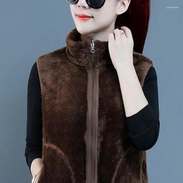 Kadın Yelekleri Sonbahar ve Kış 2024 Stand Yakası Eklenmiş Fermuar Cep Moda Düz Renk Çift Taraflı Günlük Kolsuz Yelek