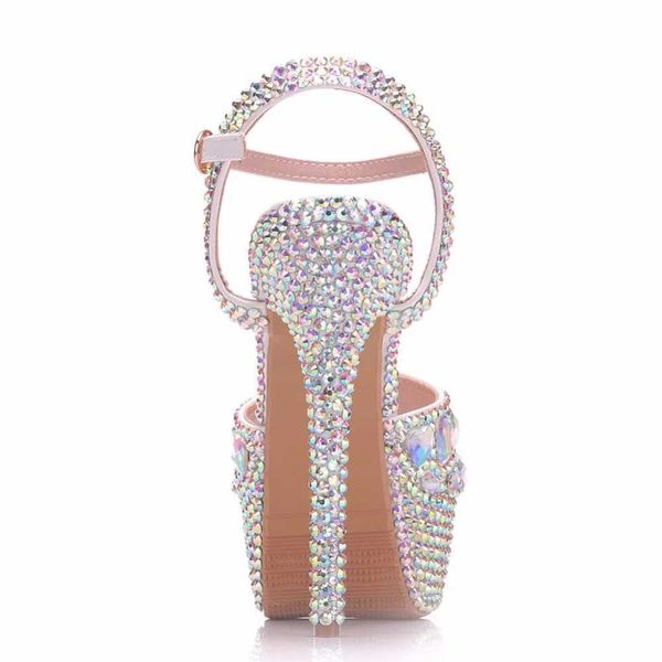 Sandálias Crystal Queen Diamond Mulheres Super Alto Salto Bombas de Casamento 14cm Peep Sapatos Plataforma 4cm Pulseira Colorido Stiletto