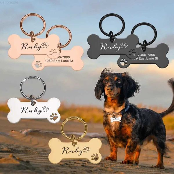 Coleiras para cães trelas personalizadas para cães de estimação etiquetas de identificação de osso espelhadas brilhantes etiquetas de identificação de osso de gravura nome gatinho filhote de cachorro anti-perda etiqueta de coleira para cães gato placa de identificação animais de estimação