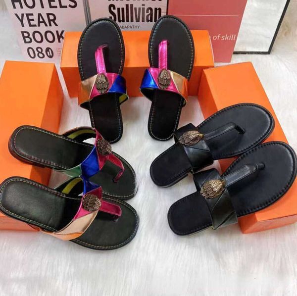 2024 Kurt Geiger Flip Flops Terlik Kadın Sandalet Dikişli Gökkuşağı Terlik Moda Tasarımcısı Slaytlar Düz Ayaklar Kartal Kafa Elmas Toka Plus 33