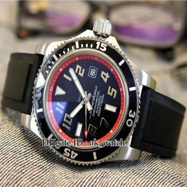 Novo relógio de alta qualidade superocean preto mostrador vermelho automático relógio masculino a1736402 ba31 caixa prateada pulseira de borracha para homens esporte wat2440