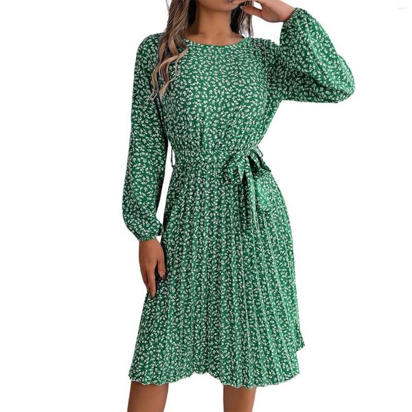 Vestidos casuais senhoras vestidos de verão feminino retro floral impressão manga comprida saia plissada com bainha larga saias formais