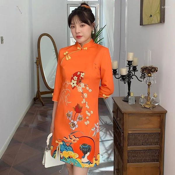 Etnik kıyafet artı 4xl ulusal stil retro zarif gevşek qipao elbise 2024 kısa kollu Çin geleneksel gelişmiş cheongsam