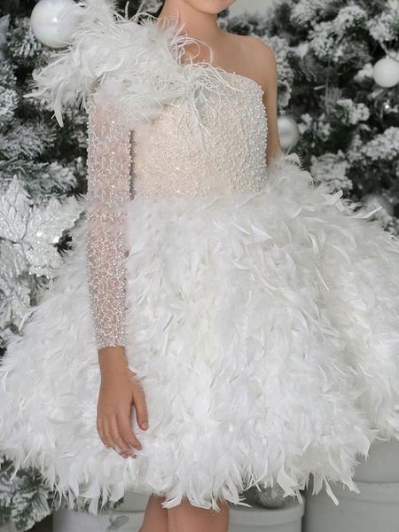 2024 Платье для первого причастия с белыми перьями для девочек 2024 Роскошное брендовое платье для малышей с цветочным узором для девочек на свадьбу и день рождения Пышное платье Vestido Comunion