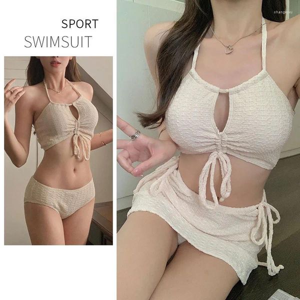 Kadın Mayo Tangini Bikini 3 Parça Etek Bölünmüş Mayo Takım Dantel Yukarı Seksi Seaside Beachwear Kore Criss Çapraz Mayo