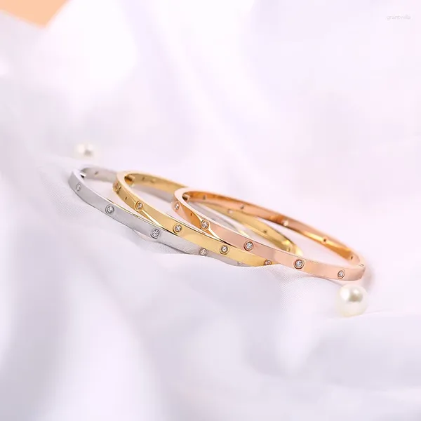 Bangle Rose Gold Bangles Titanium Aço Oval Casal Mulheres 10 Pedras Completas Parafuso Pulseiras Femme Bijoux Pulseira Sem Caixa