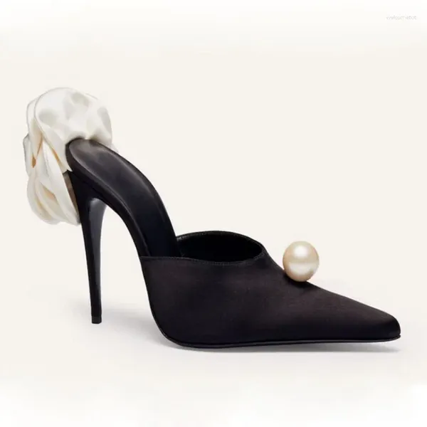 Sandálias 2024 marca apontou sapatos únicos femininos 34-45 saltos finos grande flor couro outwear chinelos banquete moda pérola
