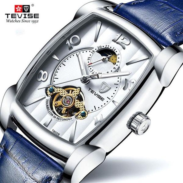 Tevise moda masculina relógios automáticos fase da lua tourbillon relógio mecânico masculino couro esporte relógio de pulso relogio masculino238f