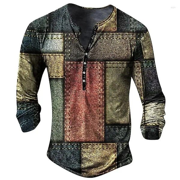 T-shirt da uomo Color Block Patchwork Stampa 3D Henley Moda casual Vintage Manica lunga Camicia abbottonata Uomo T Top Abbigliamento