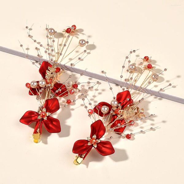 Haarspangen, 2 Stück, rote Blume, handgefertigt, Clip-Haarspangen, Braut, Hochzeit, Party, Kopfschmuck, Zubehör, Ornamente, Bräute