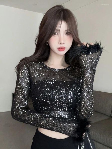 Kadın Tişörtleri Sequins Gömlek Kadınlar Kore Şık O Boyun Uzun Kollu T-Shirts Vintage Feathers Siyah Glitter Zarif Tees