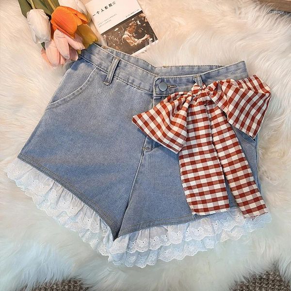 Frauen Shorts Denim Breite Bein Bogen Spitze Nette Frauen 2024 Sommer Plaid Gürtel Kurze Hosen Damen Dünne Beiläufige Jean