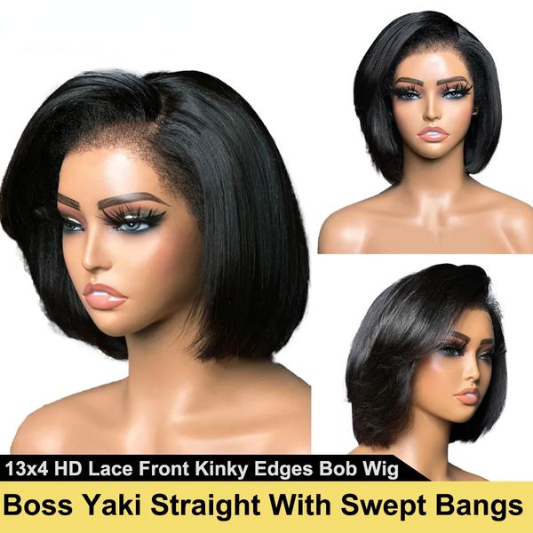 Hair Mogolian Straight Bob com franja Swept Bangs Nova tendência Younger Kinky Edges 13x4 HD Lace Frontal Yaki peruca sintética para mulheres