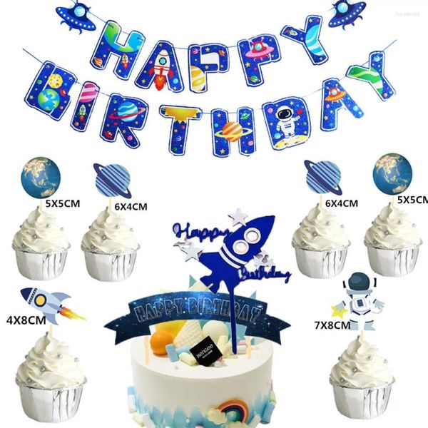 Fontes de festa espaço exterior astronauta cupcake topper universo série bolo toppers feliz aniversário banner para crianças decoração