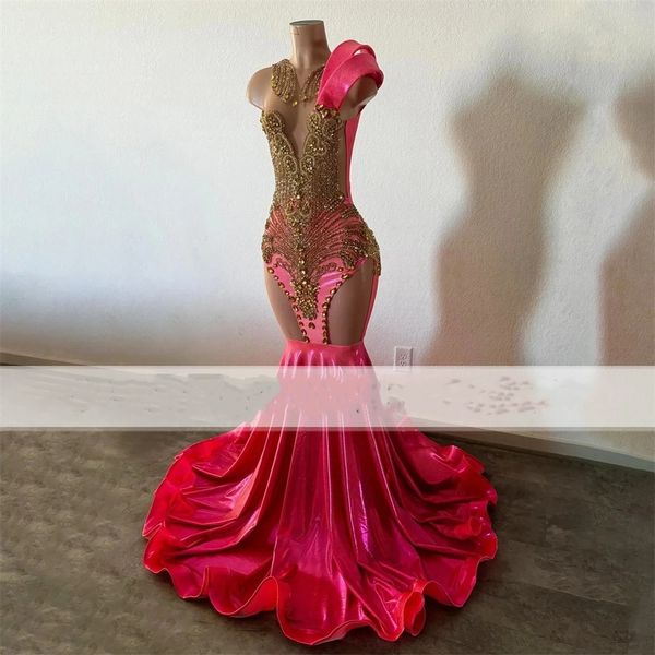 Elegante rosa quente cetim sereia vestidos de baile 2024 para menina negra ver através de contas de ouro africano plus size aniversário vestidos de festa de noite