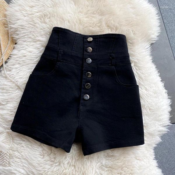 Shorts femininos cintura alta único breasted denim preto retro mulheres moda coreana magro casual simples sexy calças chiques botas