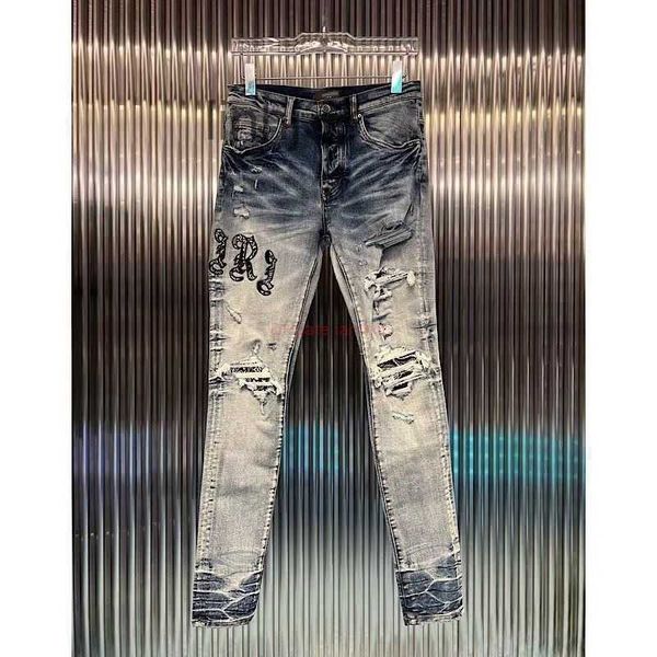 Jeans masculinos roupas de grife amires calças jeans amies nova marca de moda azul profundo high street caju flor remendo buraco embroyrek