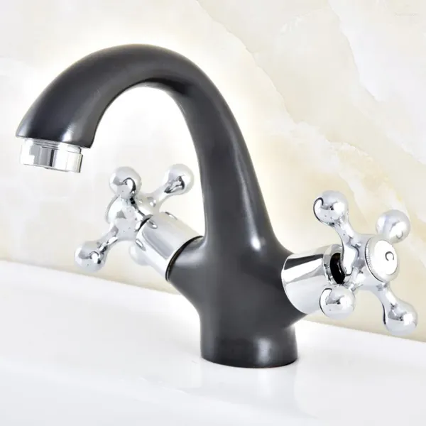 Rubinetti per lavandino del bagno Bronzo lucidato a olio nero Argento Cromo lucido Ottone Due maniglie Corss Rubinetto per lavabo Freddo / Miscelatore Anf477