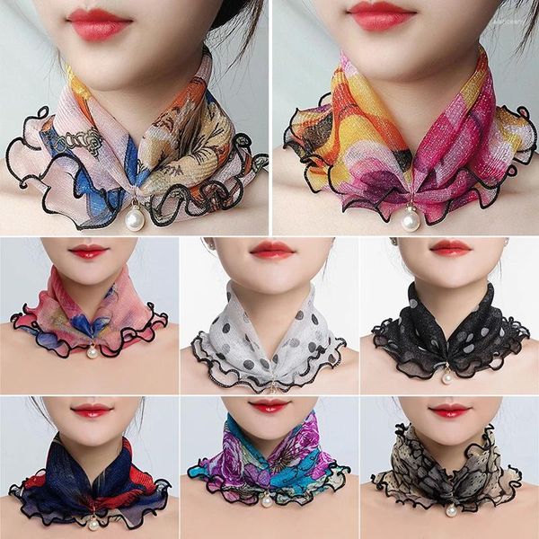 Lenços Falso Pérola Pingente Ruffle Lace Scarf Organza Neck Collar Chiffon Impressão Brilhante Multi-funcional Envoltório Elástico