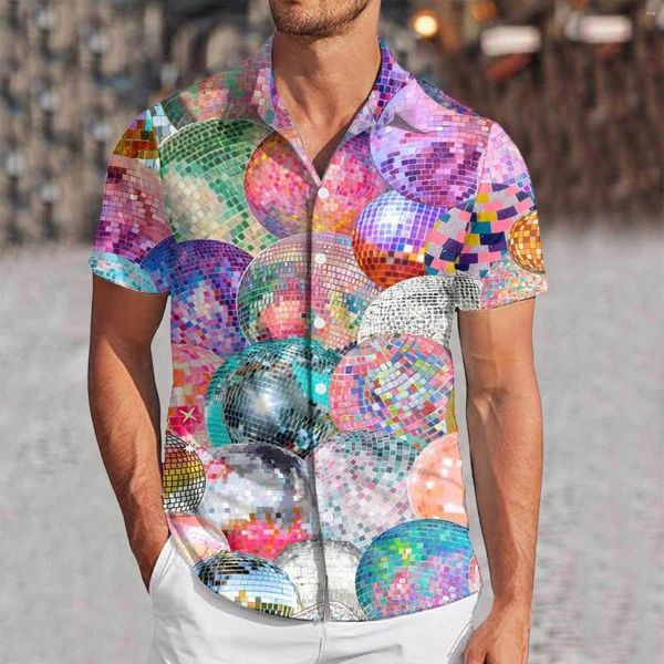 Camisas casuais masculinas Mardi Gras Day para homens elegantes lantejoulas manga curta turndown colarinho botão top blusa havaiana camisa festival desgaste